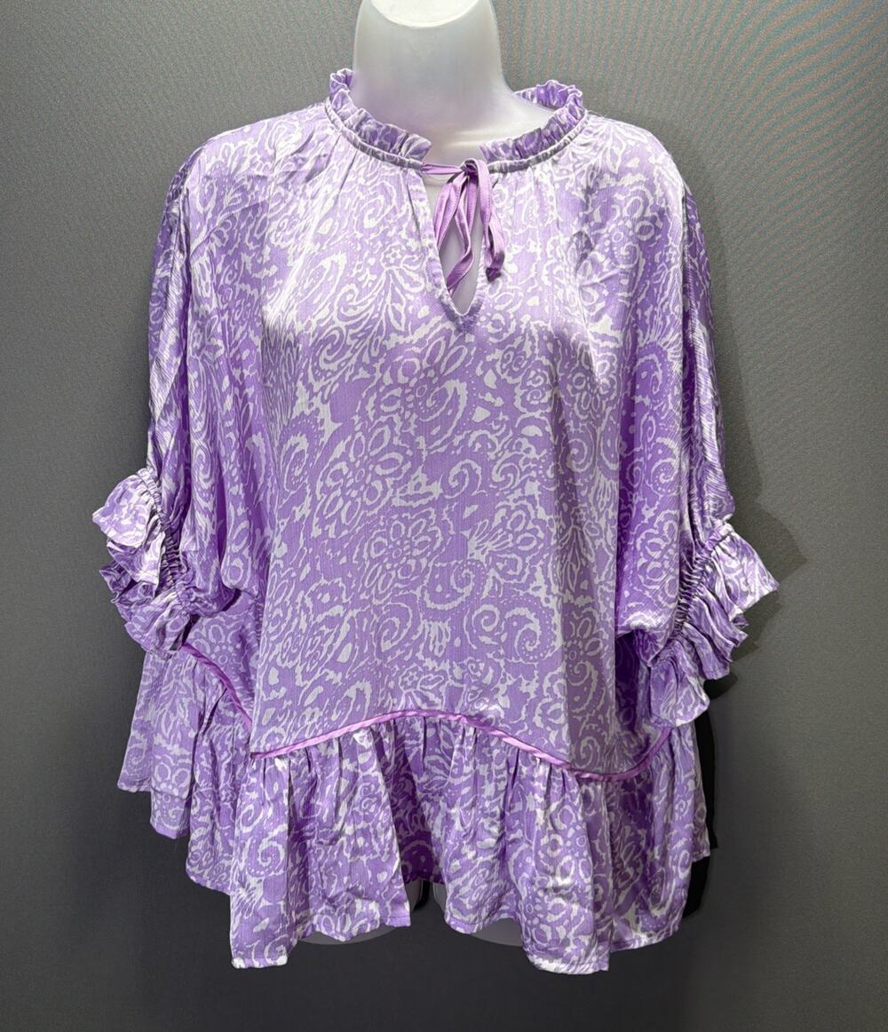 Umgee Lavender Floral Paisley Sheer Oversized V-Neck Blouse Size Small